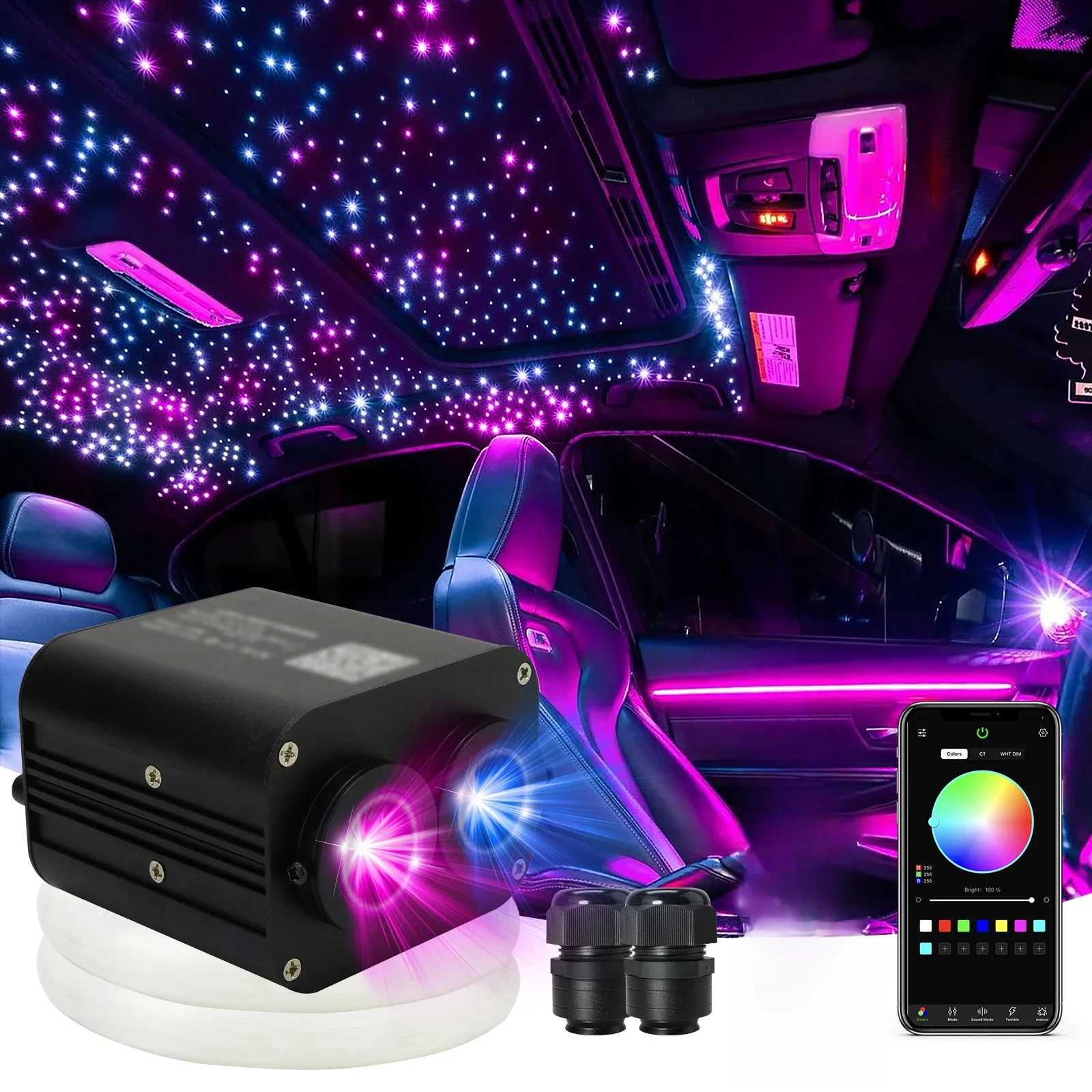 20w rgb dubbele kop auto sterrenhemel muziek controle autodak ster glasvezel ster plafond kit slimme app fonkel glasvezel licht - afbeelding 2
