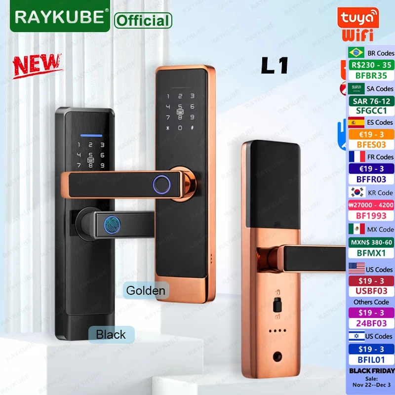 RAYKUBE L1 Golden Smart Door Lock Tuya WiFi/ Tuya ZigBee / TT Lock APP Fingerprint Digital Intelligent Electric Door Lock