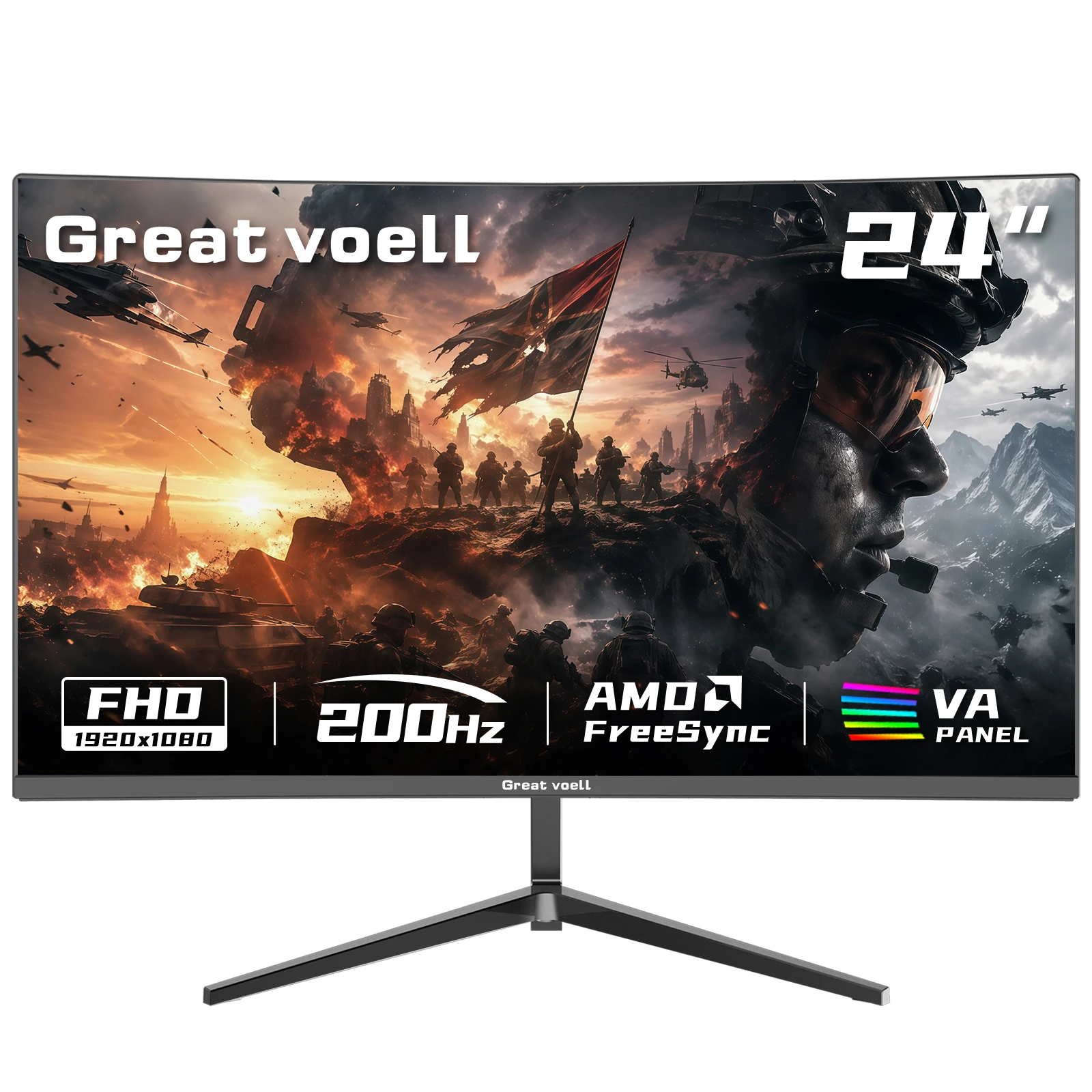 Great Voell 24-inch 200Hz Curved Gaming Monitor, FHD 1080P, 1ms FreeSync | Fast VA Panel, AMD FreeSync, HDR Support, 98% sRGB Color, Low Motion Blur, FPS Preset, Frameless Design, HDMI and DP, Black