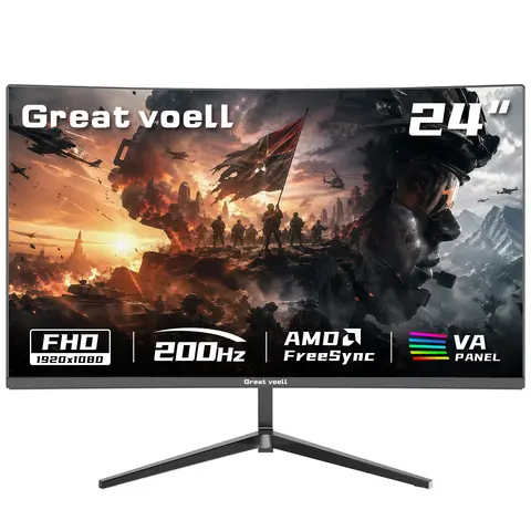 Great Voell 24 Inch 200Hz Curved Gaming Monitor, FHD 1080P, FreeSync, Fast VA Panel, AMD FreeSync, HDR Support, 98% SRGB Color, Low Motion Blur, FPS Preset, Frameless Design, HDMI and DP, Black