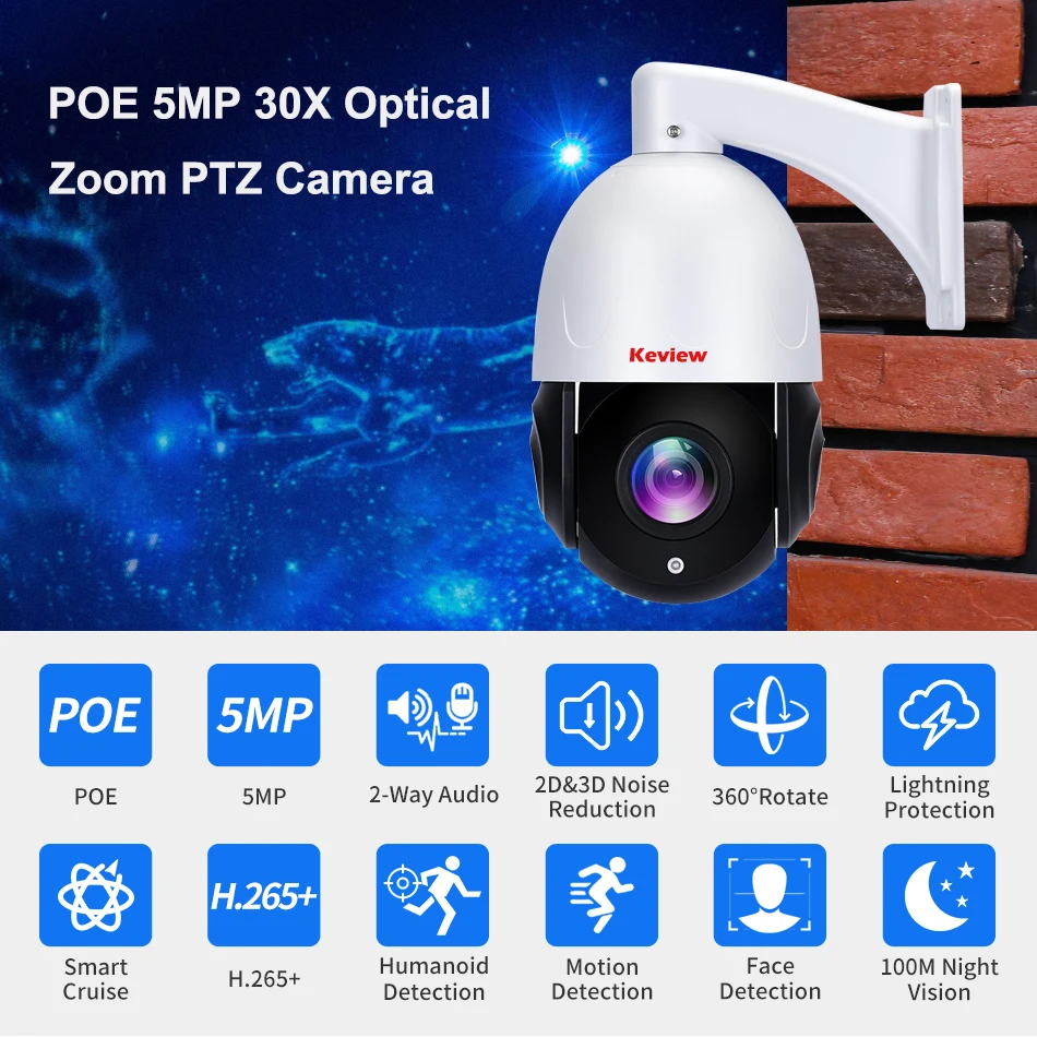 IP POE PTZ 5mp 30X Optical Zoom Security Surveillance Camera CCTV 2-Way Audio Record Outdoor Street Night Vision IP66 Waterproof