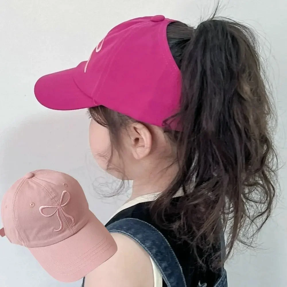 Casquette de Baseball avec nœud doux pour bébé fille, chapeau de soleil rose et blanc pour enfants, queue de cheval haute, chapeaux de soleil pour enfants et garçons, casquettes de voyage en plein air