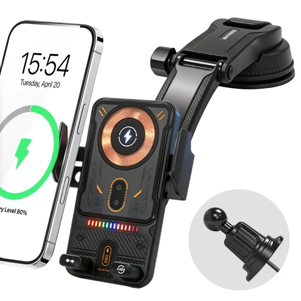 Szybka bezprzewodowa ładowarka samochodowa o mocy 15 W, automatycznie otwierający się uchwyt na telefon do samochodu z wbudowaną baterią i stylowym oświetleniem LED, obrotowa głowica o zakresie 0-90