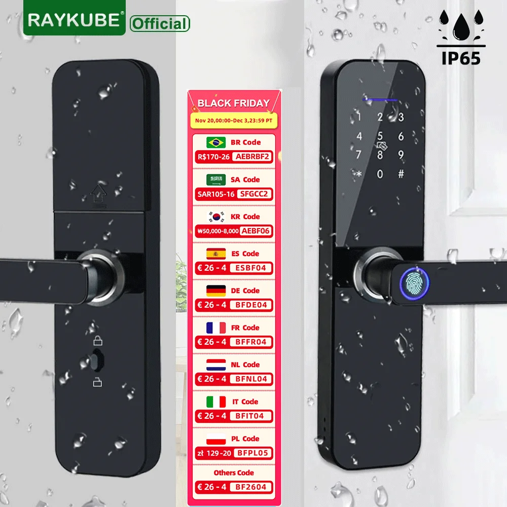 RAYKUBE F005 IP65 Waterproof Tuya Wifi Electronic Smart Door Lock With Fingerprint/Smart Card/Password/Key/TT Lock APP Unlock