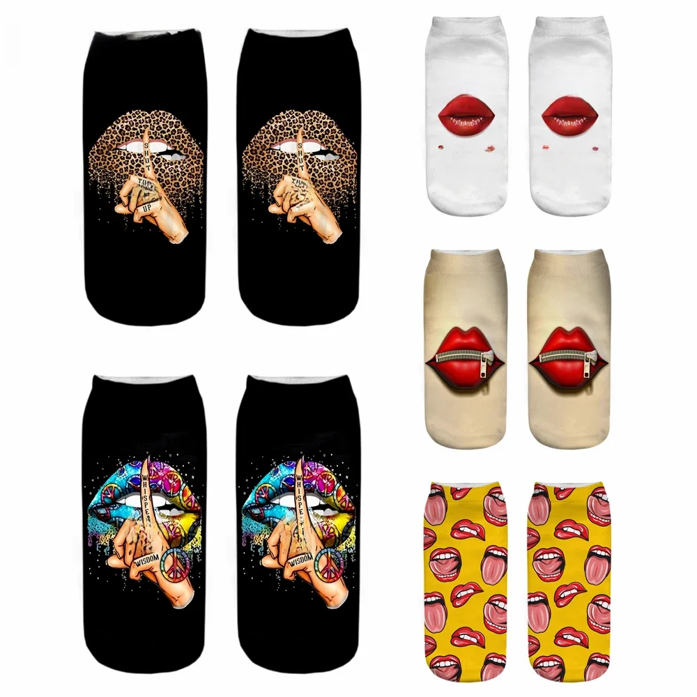 Nouvelle mode Ostentatious lèvres rouges léopard graphique femmes Base 3D imprimé langue baiser lettre drôle filles cheville chaussettes livraison directe