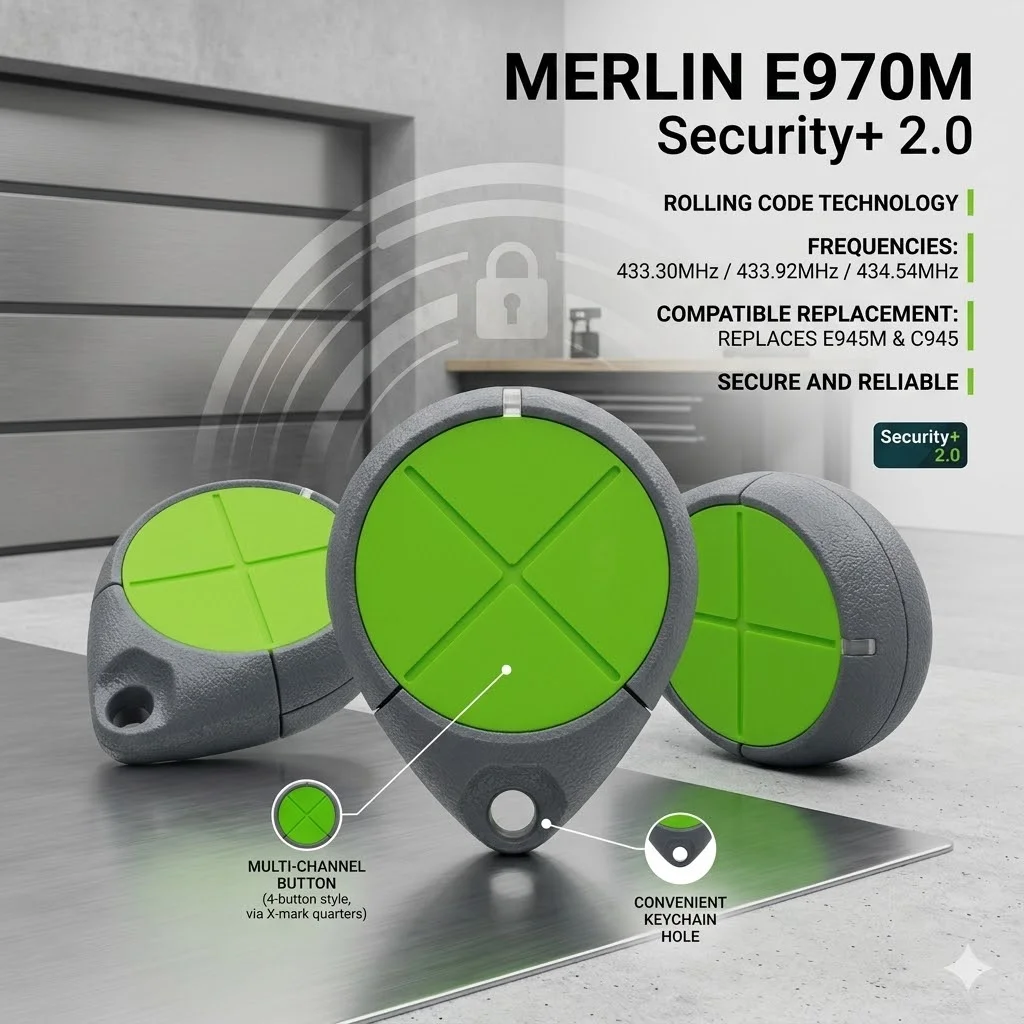 Controle Remoto para Porta de Garagem Merlin E970M Security+ 2.0 com Código Rolante Substitui E945M e C945 para Abertura de Portões