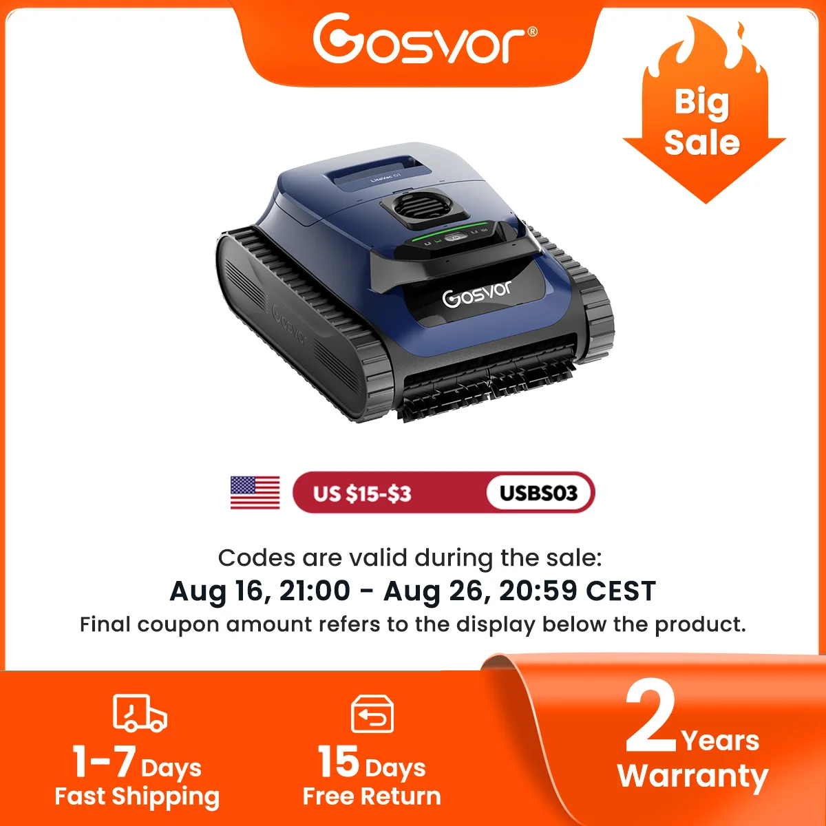 Gosvor LiteVac G1 Robotic Pool Cleaner, 2026 New Upgrade, Smart Navigation & APP Control, Wall Waterline & Shallow Pool Cleaning, Max 200 Mins Runtime, Ultra Fine Filter, Lightweight 15.2 lbs, Suitable for Inground Pools Up to 2153 sq.ft
