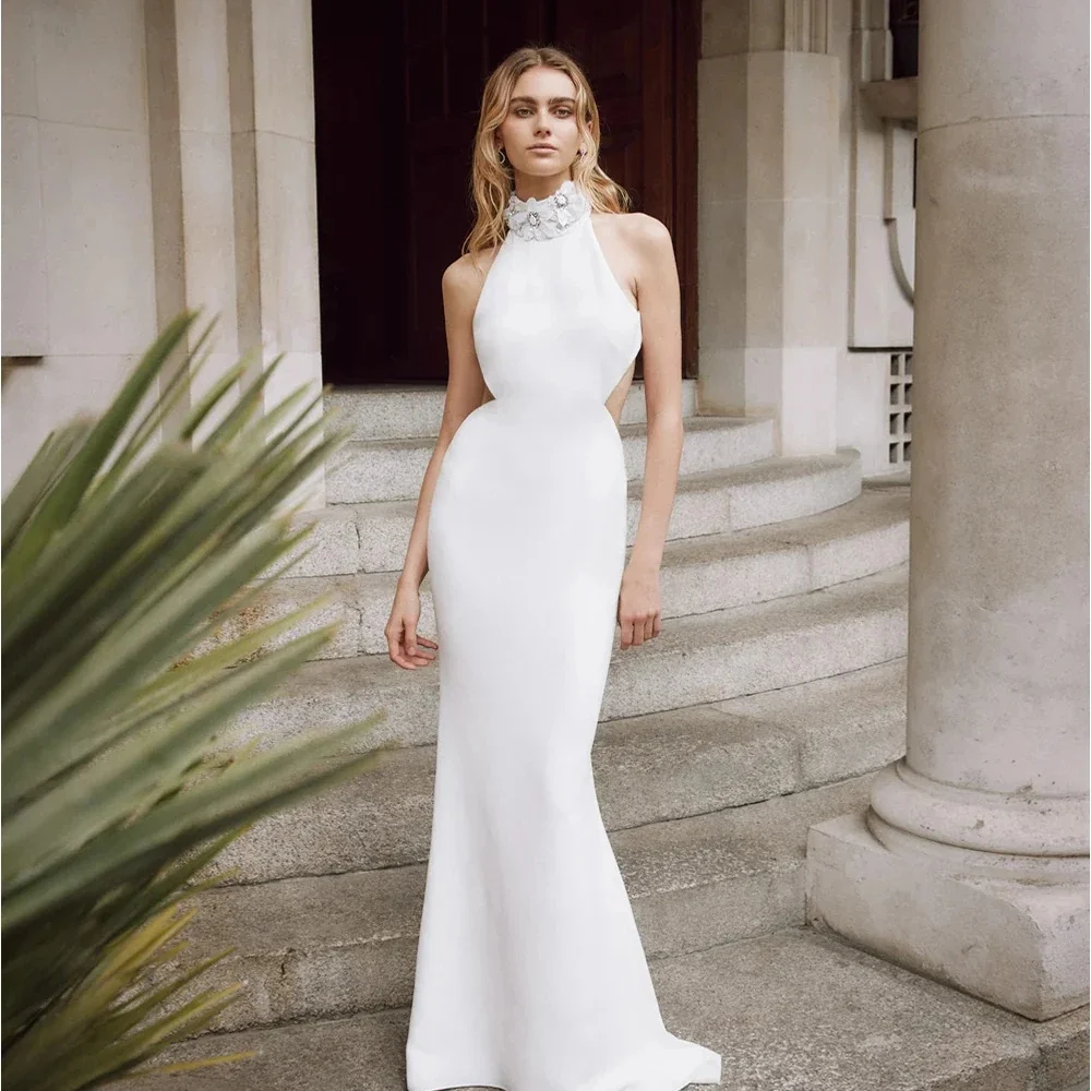 Sexy backless halter satijnen schede trouwjurken op maat gemaakte bruidsjurk 2025, vestido de noiva - afbeelding 2
