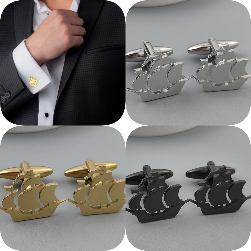 Abotoaduras de barco pirata oco estilo punk, aço inoxidável 18k banhado a ouro, botões de camisa francesa prateada, acessórios de casamento de terno