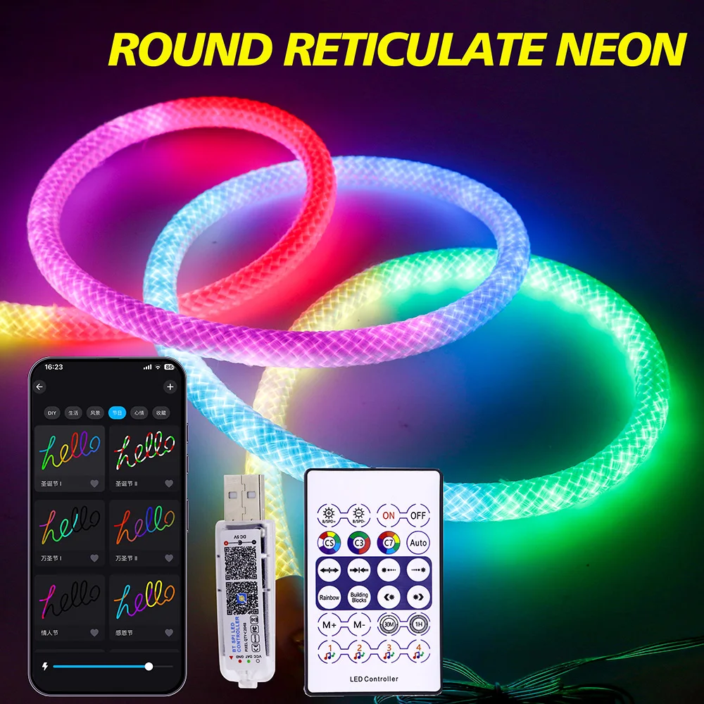 

360 Glow Round 5V USB WS2812B RGB Neon Strip Light 24key Bluetooth APP Remote Control 5V WS2812B Music Sync Waterproof Rope Deco