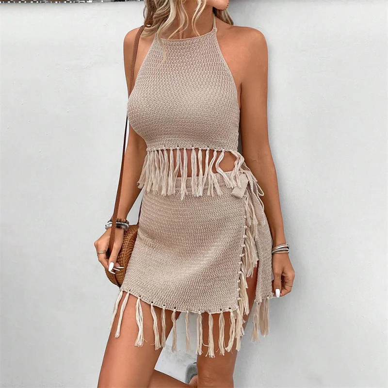 Conjunto de 2 uds para mujer, traje de baño de punto con borlas de ganchillo, Top corto con cuello Halter y faldas, Bikini para playa, ropa de playa Sexy de verano