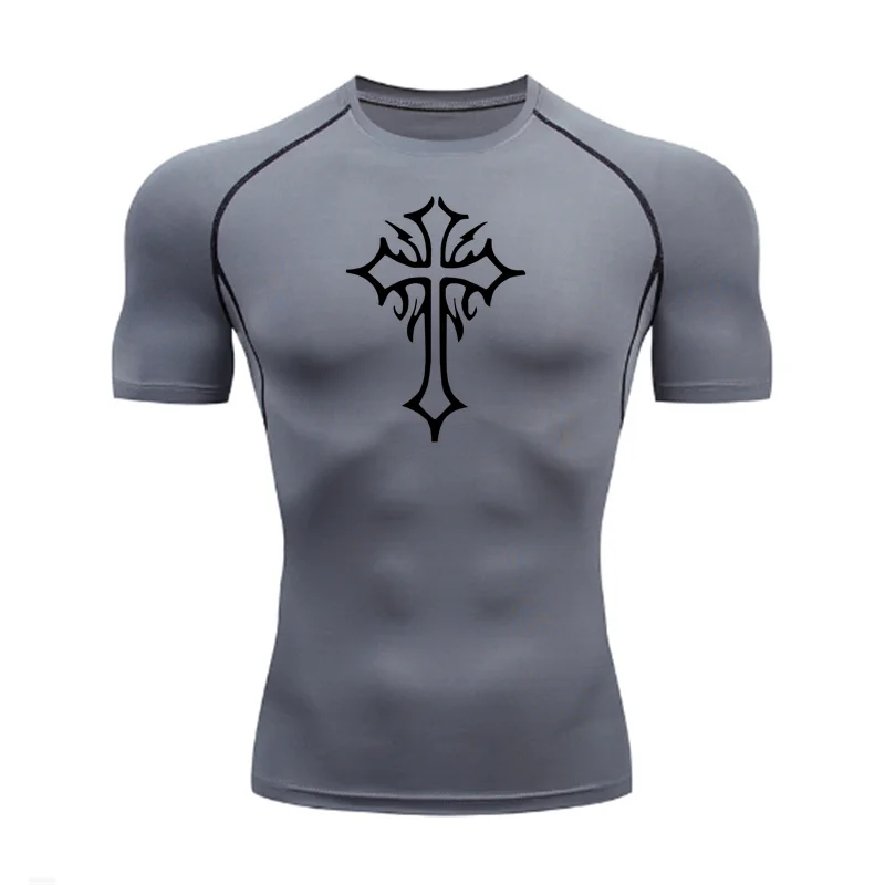 Cross Print Compression Shirt for Men Christian Athletic Tshirt Tees Tops Gym Workout Running Baselayers Undershirts Rash Guard