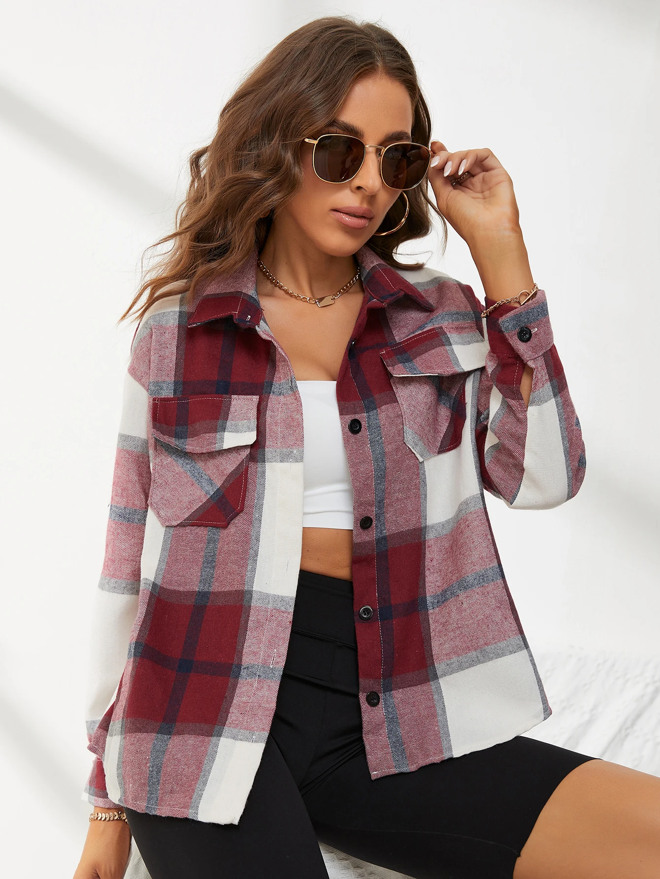 New Lapel Plaid Women‘s Shirts Spring Autumn Single Breasted Brushed Long Sleeve Blouses Streetwear Girls