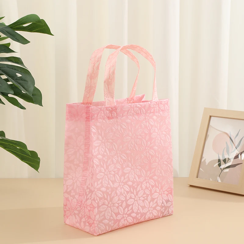 10pcs pink three-dimensional plant printing non-woven bags, party gift bags, wedding gift bags, romantic gift bags for girls