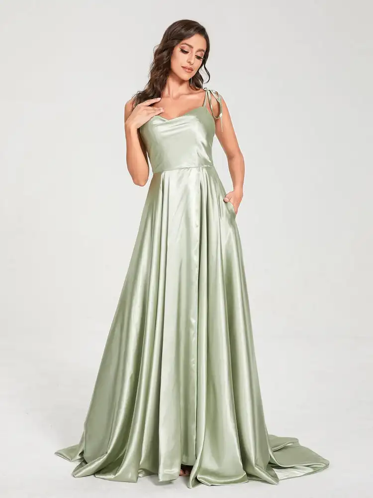 Women Spaghetti Strapss Satin Prom Dresses With Split Side backless Long Party Dresses with Pockets Elegant Formal Gowns