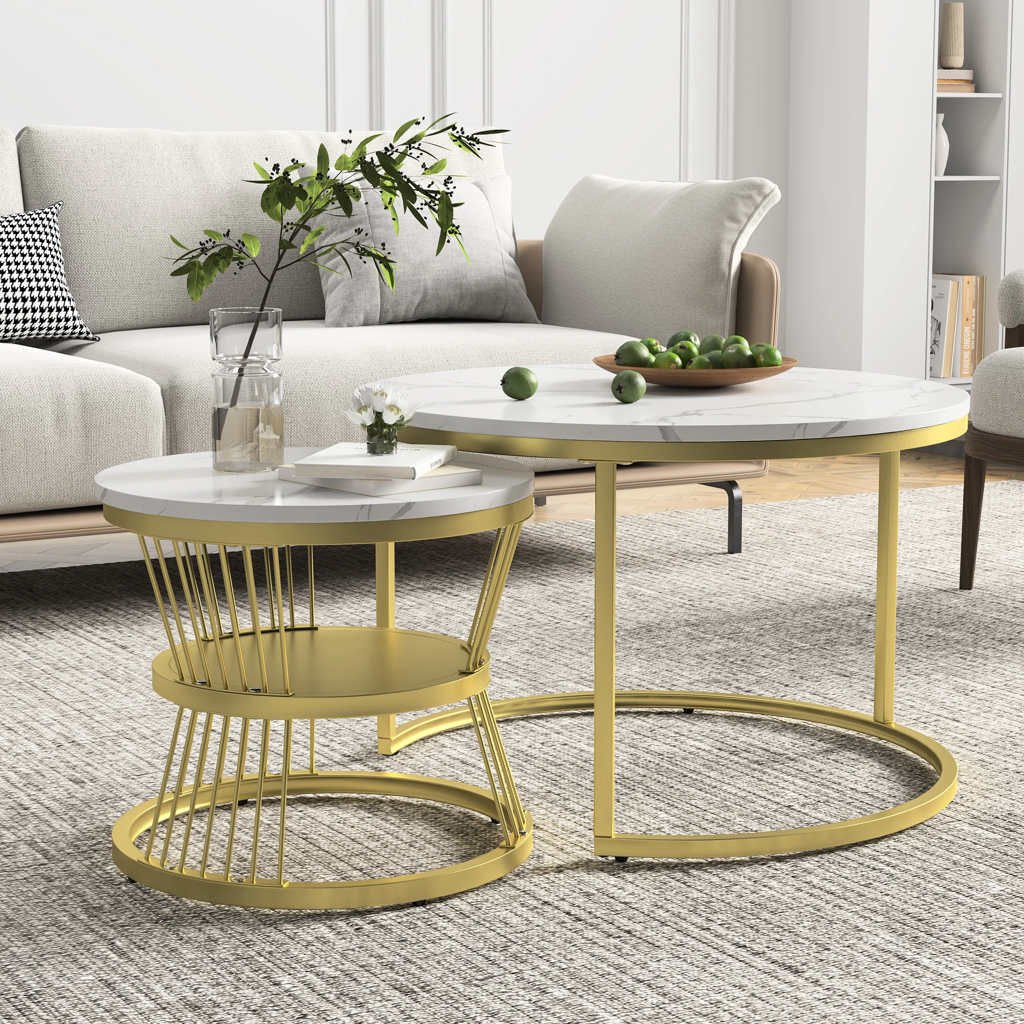 2 Stück moderner Nesting Couch tisch, Couch tisch Set Marmor Furnier Sofa Seiten nest von Tischen runde Beistell tische, 2er-Set, goldener Rahmen