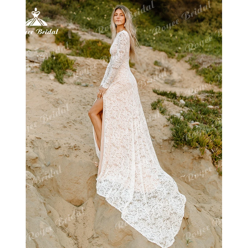 Lace Boho Wedding Dress for Women 2024 Long Sleeve Side Slit Backless Beach Bride Dresses Bridal Gowns Vestido De Noiva robe de