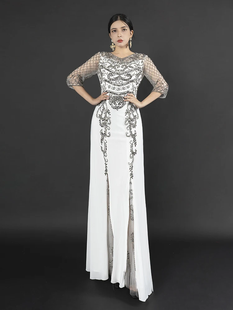 Elegant Evening Dress For Women Formal Occasions Silver Sequin Beading Mermaid Gown For Mom Party Boutique R4 فساتين سهرة