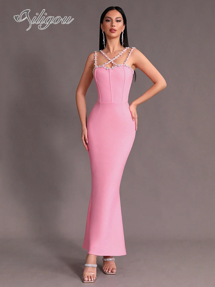 

Ailigou 2024 New Summer Women's Pink Sleeveless Luxury Diamond Mermaid Long Bandage Dress Elegant Celebrity Party Dress