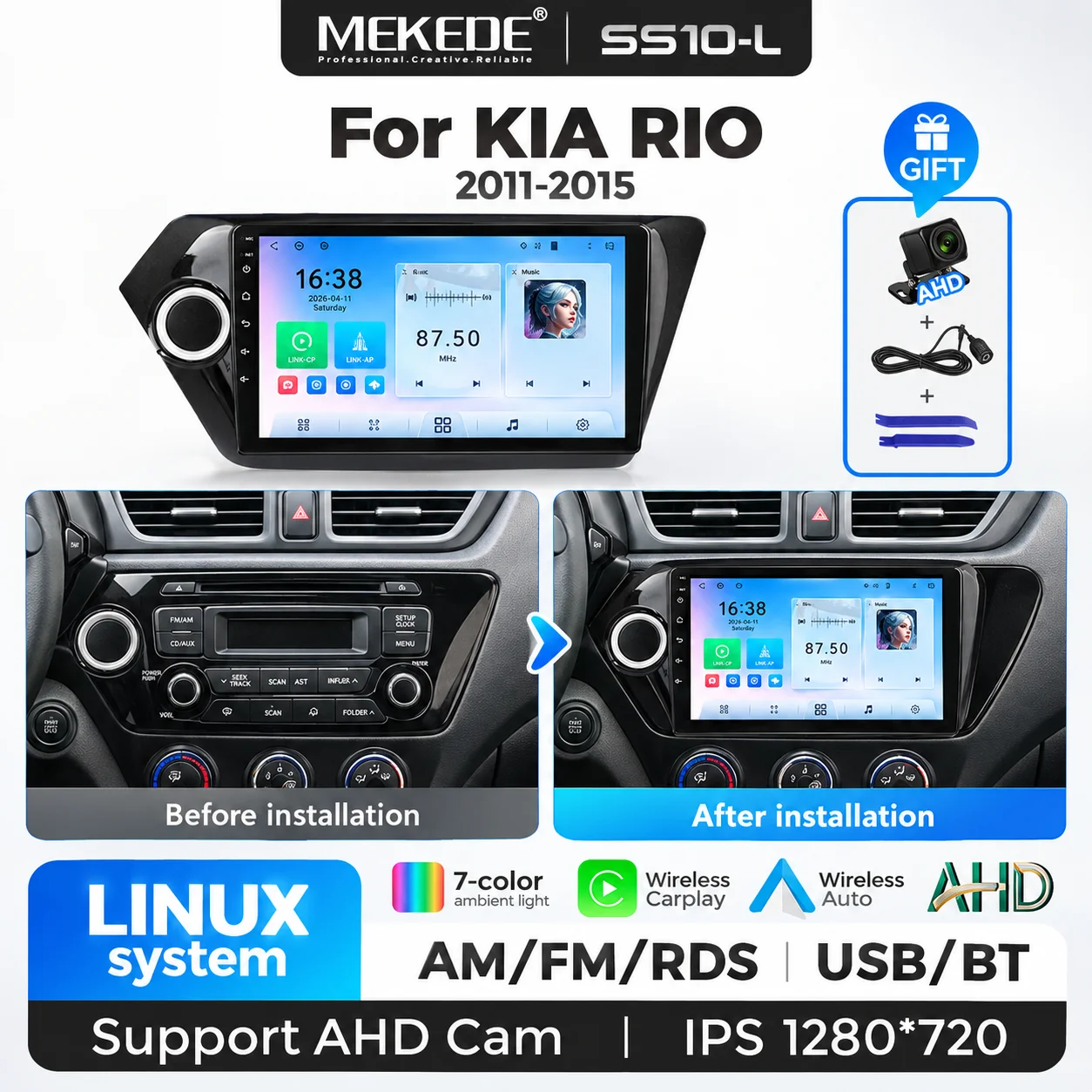 MEKEDE 2Din Wireless Carplay Android Auto For Kia RIO 3 4 2011 - 2017 Linux Car Multimedia Player IPS Screen BT FM AM RDS Stereo