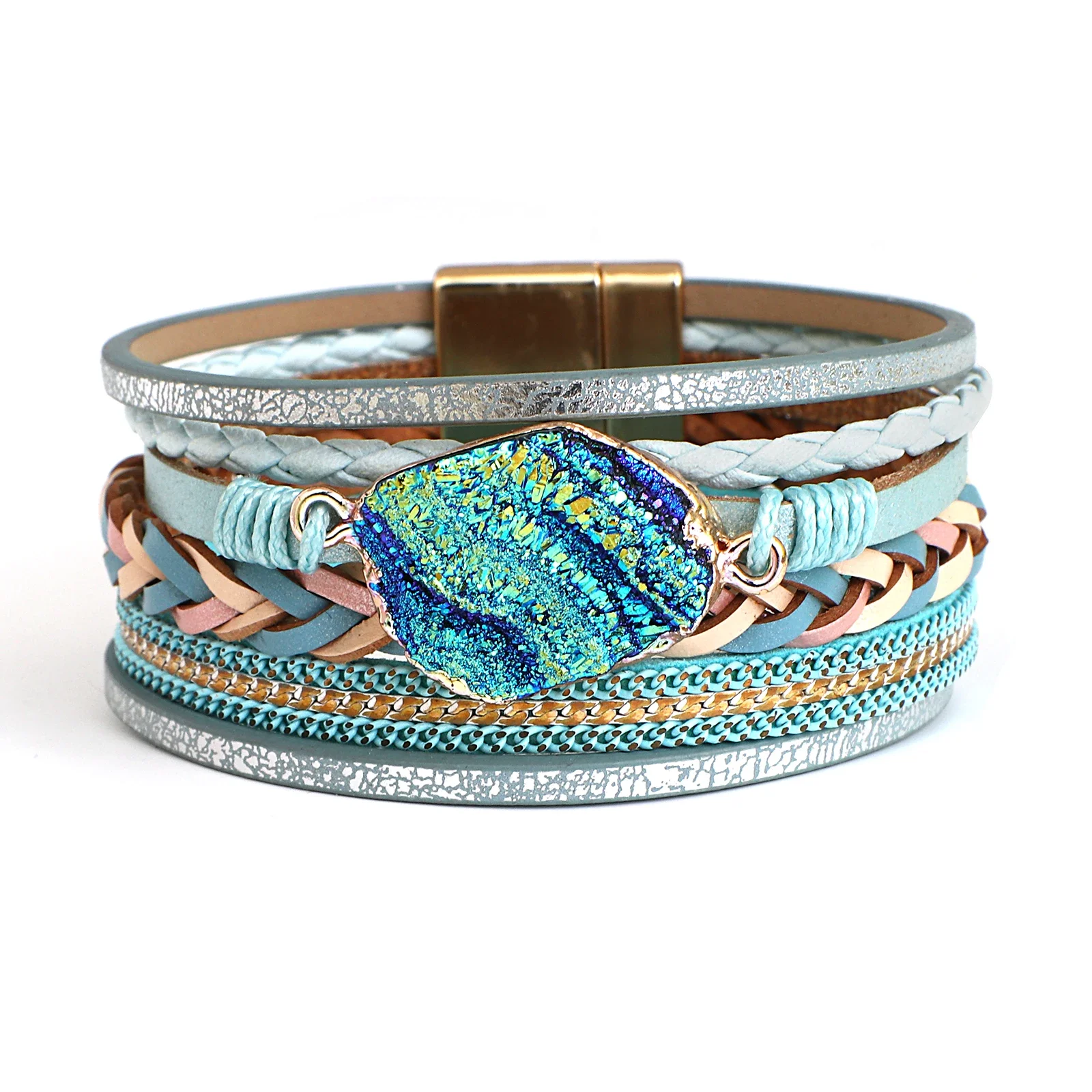 ALLYES Boho kolorowy kamień skórzana bransoletka dla kobiet mężczyzn biżuteria w stylu Vintage Charms wielowarstwowe plecione szerokie bransoletki bransoletki — zdjęcie 2