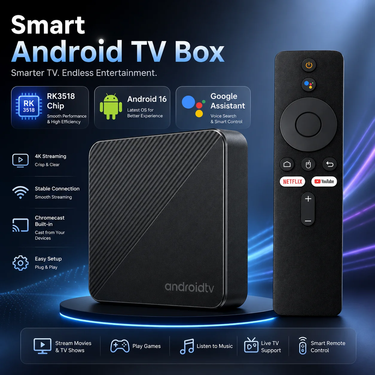 

RK3518 Android 16 Smart TV Box with Google Assistant Smart Streaming Media Player Voice Control TV Box Compact Home Set Top Box