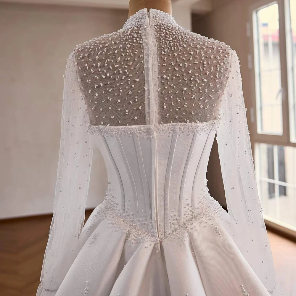 Elegant Wedding Dresses For Brides Pearls Long Sleeves High Neck Zipper Back A Line Satin Robe Mariage