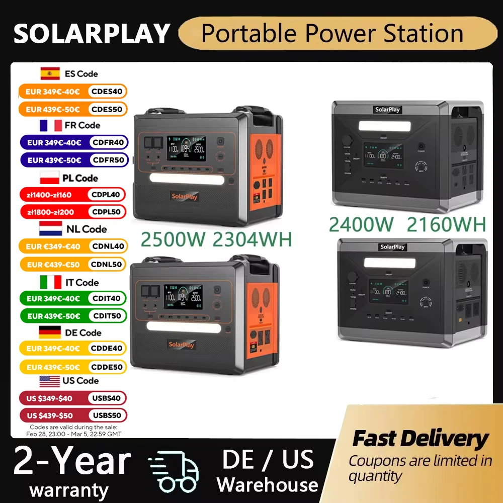 SOLARPLAY Semi-solid State Power Station 2500W 2400W Camping Supplies LiFePO4 Home Battery Portable Power Bank Generator US EU