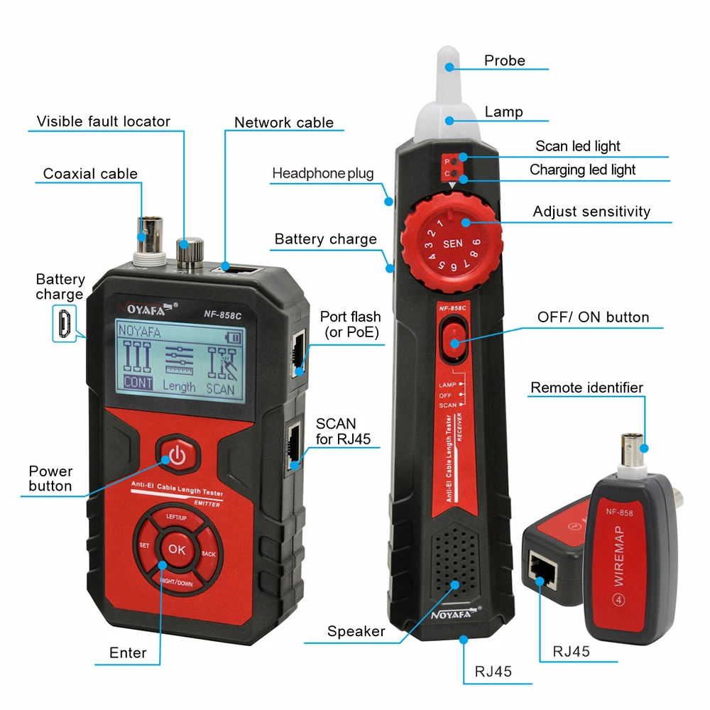NOYAFA NF-858C Wire Tracker Network Cable Tester Finder BNC Measure Cable Length POE Voltage Testing Trace Cable Line Locator