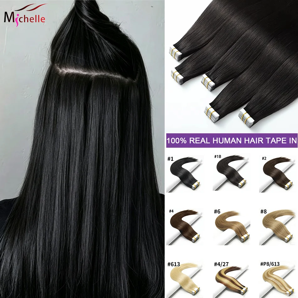 

Straight Tape in Hair Extensions Human Hair Natural Black Color 20Pcs 50G/Pack Seamless Weft Skin Invisible Thick Tape Ins Hair