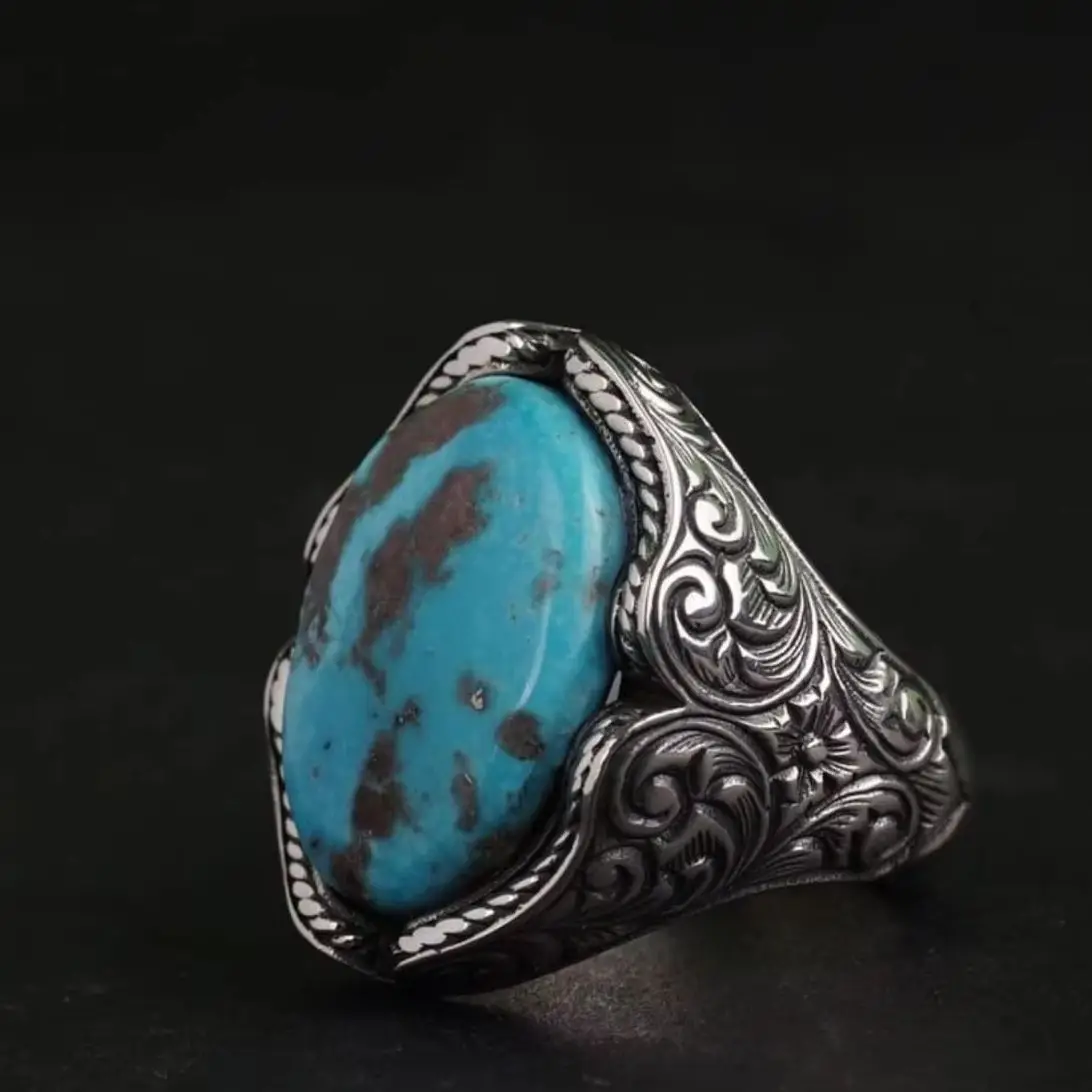 

Handcrafted Engraved Silver Ring With Turquoise Stone, Natural Stone Engraving Patterned Jewelry, Unique Handmade Design