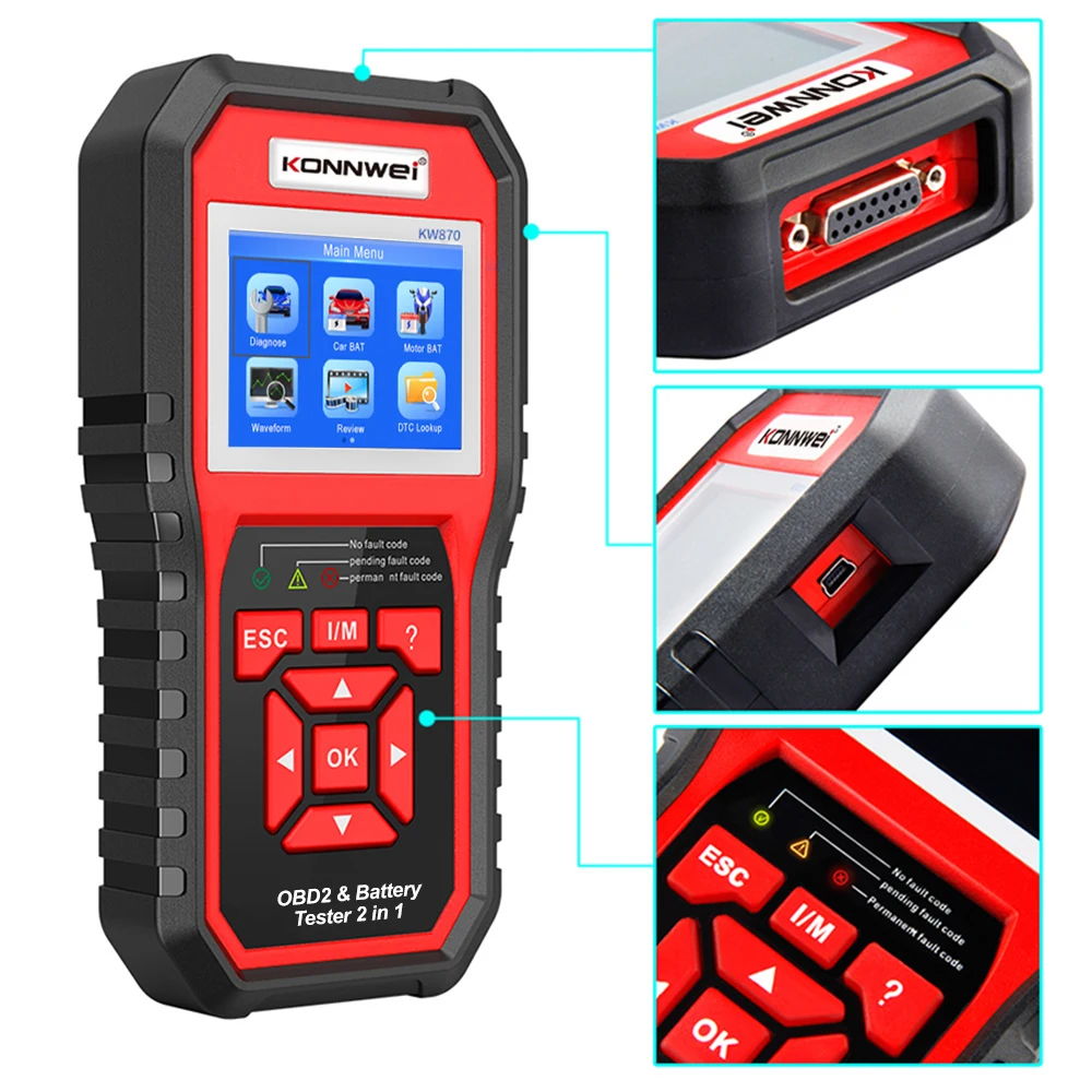 Konnwei KW890 KW880 KW870 12V Car Battery Tester 3 in 1 Automotive Code Reader OBD2 Scanner Analyzer Oil Reset Diagnostic Tool