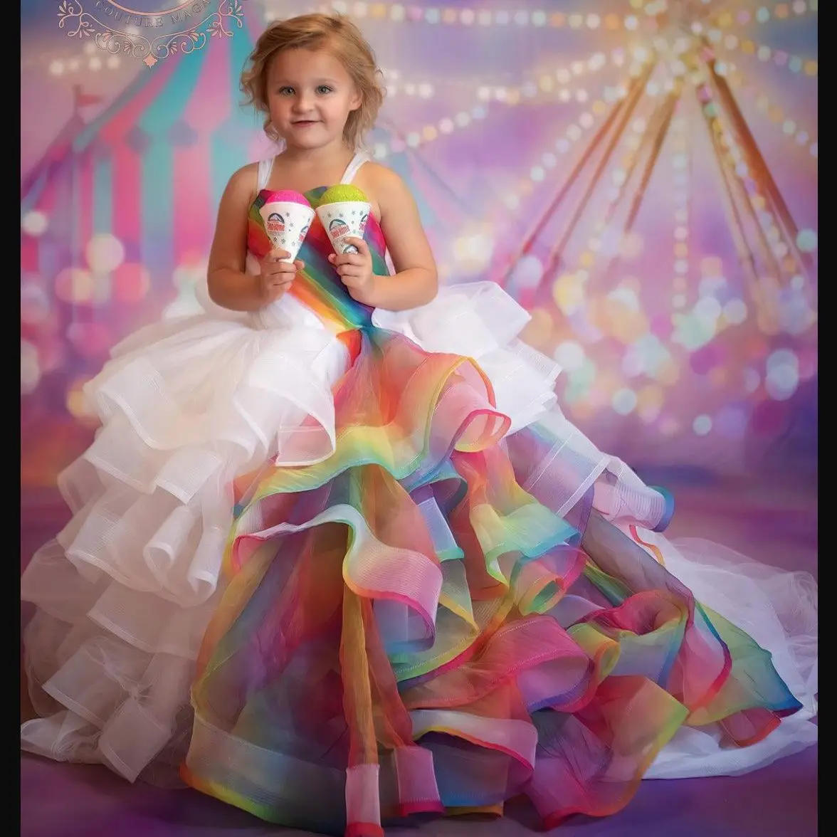 

Rainbow Girls Pageant Dress for Photoshoot Ball Gowns Kids Birthday Dress Ruffles Flower Girl Dress For Weddings