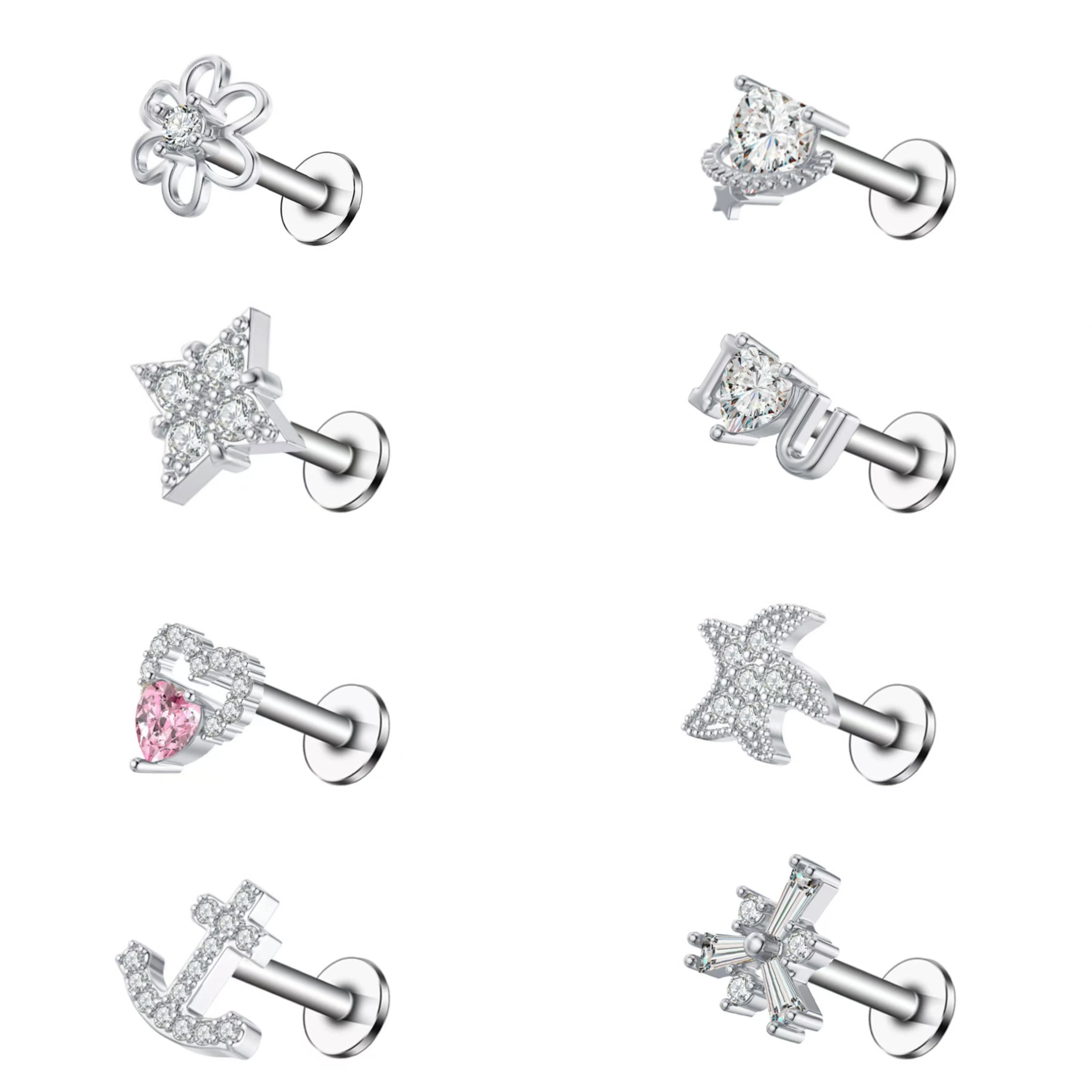 

8PCS 316L Stainless Steel CZ Threadless Flat Back Labret Stud Set Cartilage Tragus Lip Piercing Jewelry
