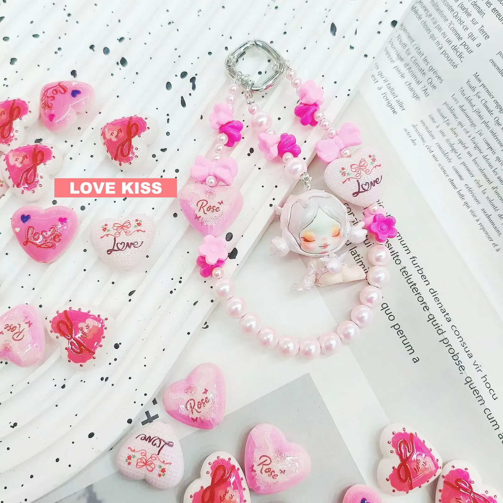 Valentine's Day Pink Love Heart Focal Beads For Jewelry Making DIY Decorations Phone Chain Keyring Accessories Beaded Pen Charms