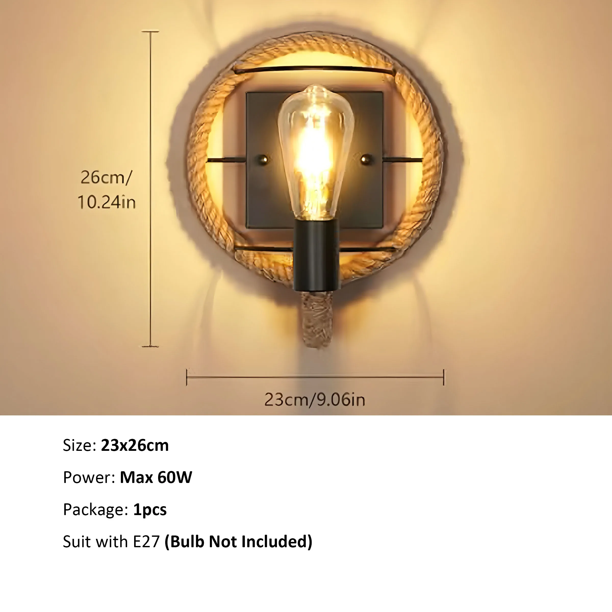 2 stuks wandlampen voor binnen, industriële vintage wandlamp van henneptouw, wandlamp voor hal, loft, slaapkamer [27 lamp niet inbegrepen]