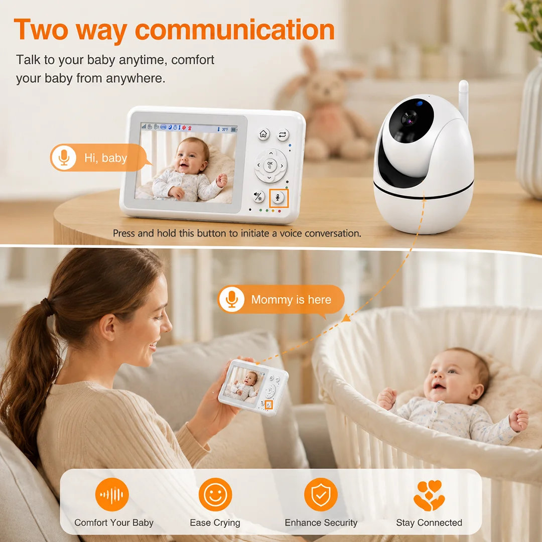 Video Baby Monitor 3.2 Inch LCD Screen 720P Camera No WiFi No App Plug And Play 2‑Way Talk VOX Mode Cry Detection 2X Zoom 940NM