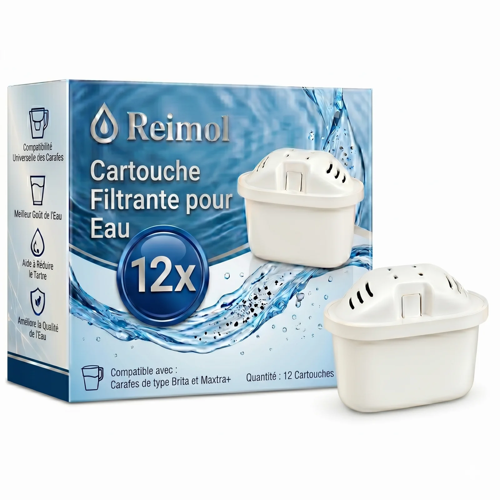 Reimol Cartouches de Filtre à Eau Compatibles avec BRITA MAXTRA+｜Recharge Brita Économique pour Carafe Filtrante｜Alternative à Cartouche Brita｜Pack de 12