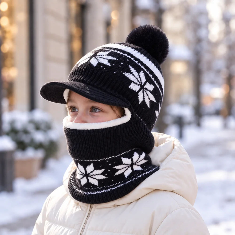 Kids Winter Knit Hat and Neck Warmer Set, Snowflake Pom Pom Visor Cap, Warm Fleece Lined Face Cover for Boys Girls 3-10 Years