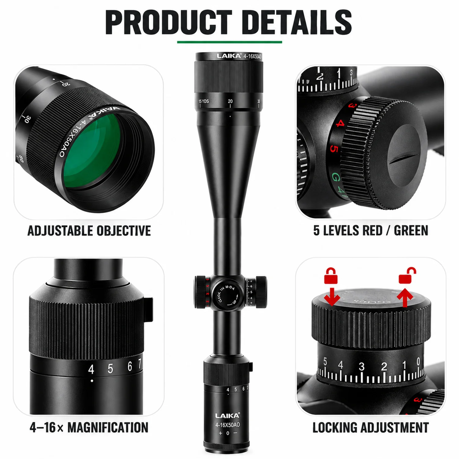 4-16×50AO hunting/rifle scope features a 1-inch tube design and an objective-side parallax adjustment function. Equipped with a high-definition optical system and dual-color (red/green) illumination, it is suitable for outdoor sports and target practi