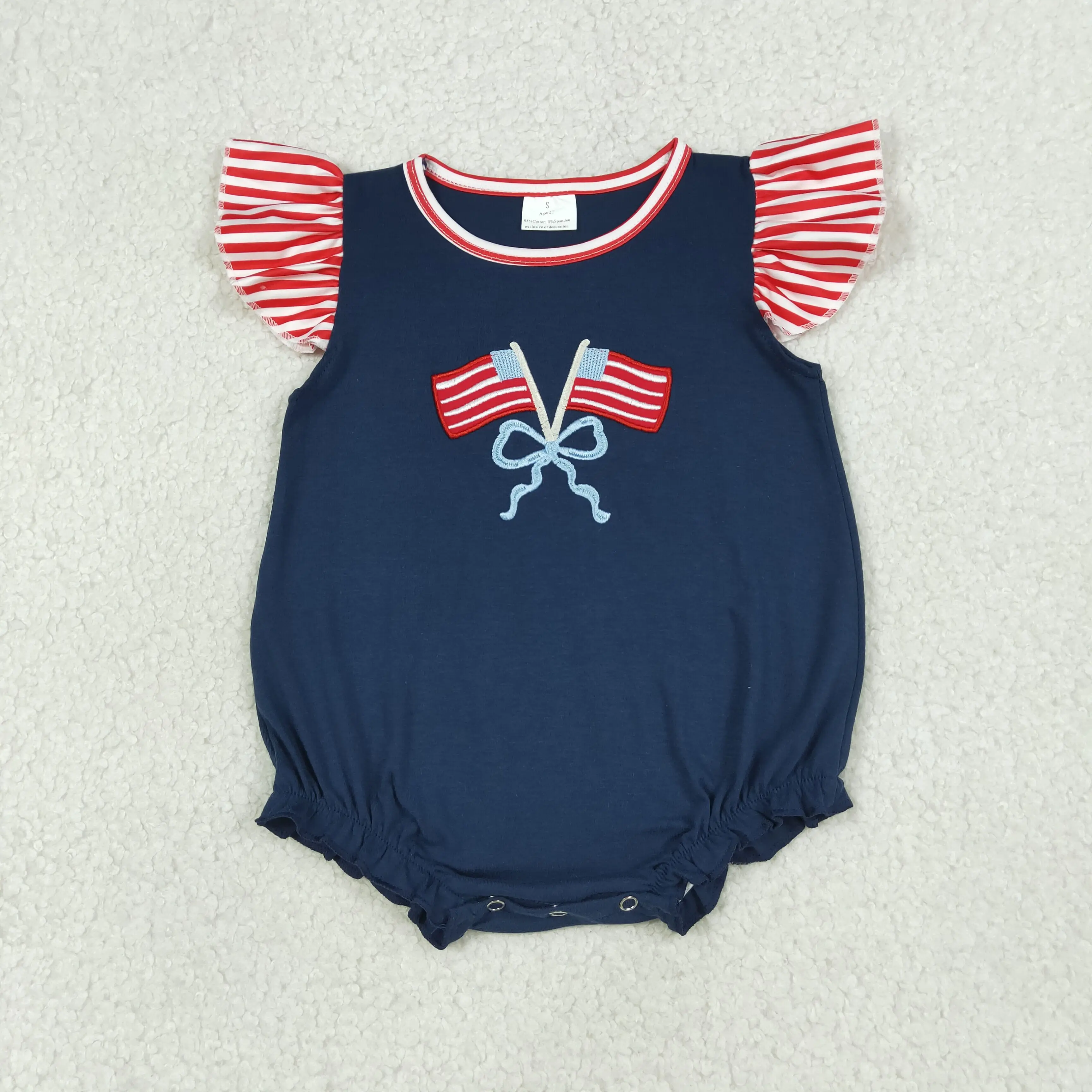 

SR3903 New RTS Embroidery Bows Flags Baby Girls Flutter Sleeve 4th of July Ruffle Rompers