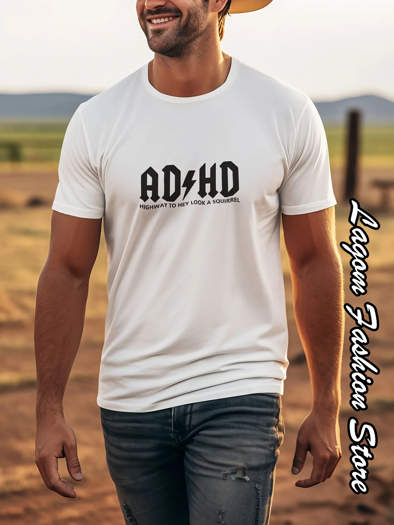 2024 Summer Men Fashion Cotton T-Shirt ADHD Letter Print Tops Tees Male Vintage Short Sleeve Clothing Casual Comfy Streetwear