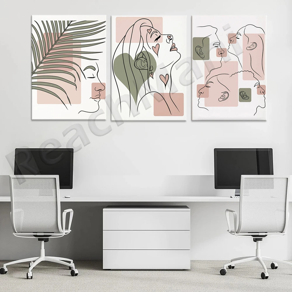 Four different faces, woman next to palm leaves, her sinuses, ears, nose and throat, otolaryngologist art, allergy office poster