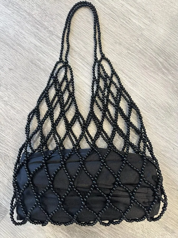 

Women Woven hand bag summer design hollow-out wooden bead tote bucket shoulder bag female Reticulate netted canvas beach handbag