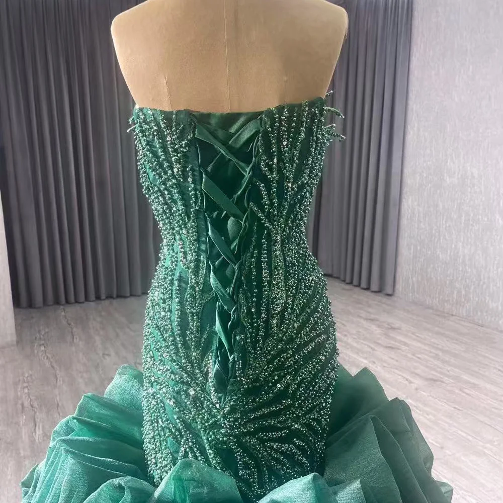 Green Sleeveless Sweetheart Evening Dress Pearl Beaded Lace Vestido De Gala Noche Mujer With Ruffles For Special Occasions view 5