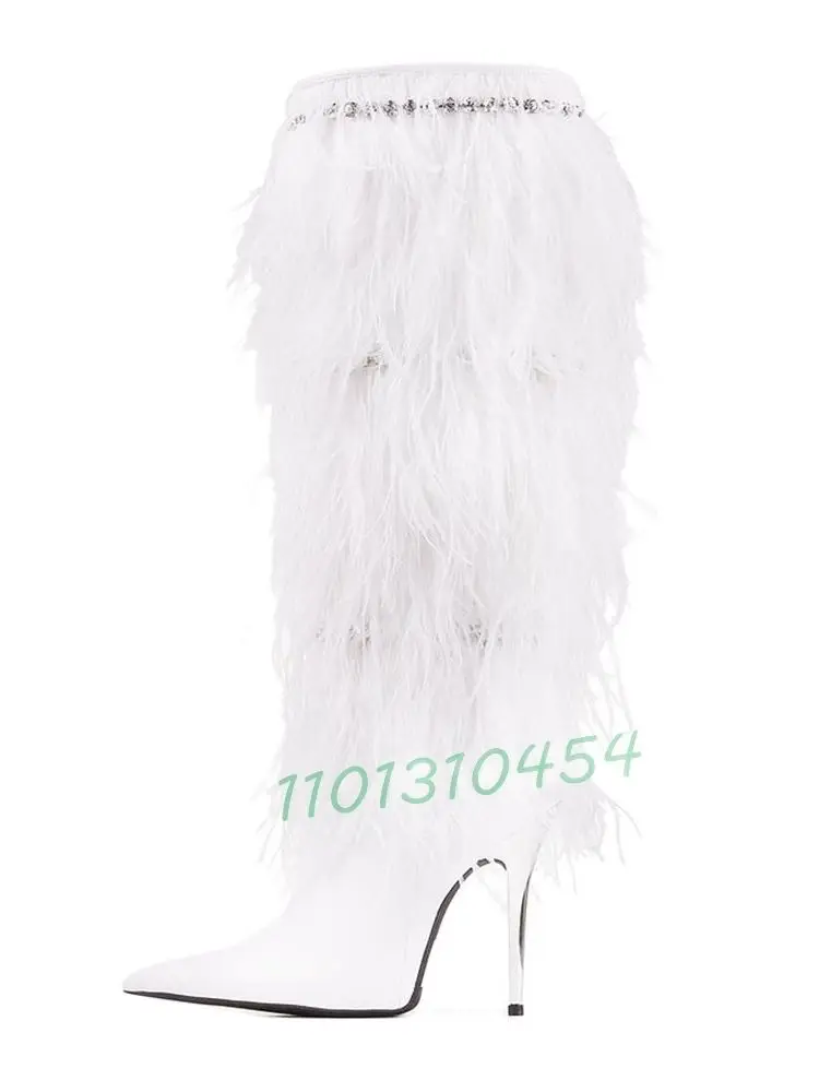 Knee-high Feather Heeled Boots With Jewel Chain Women New In Elegant Pink Long Boots Outfit Hot Winter Party Large Size Shoes