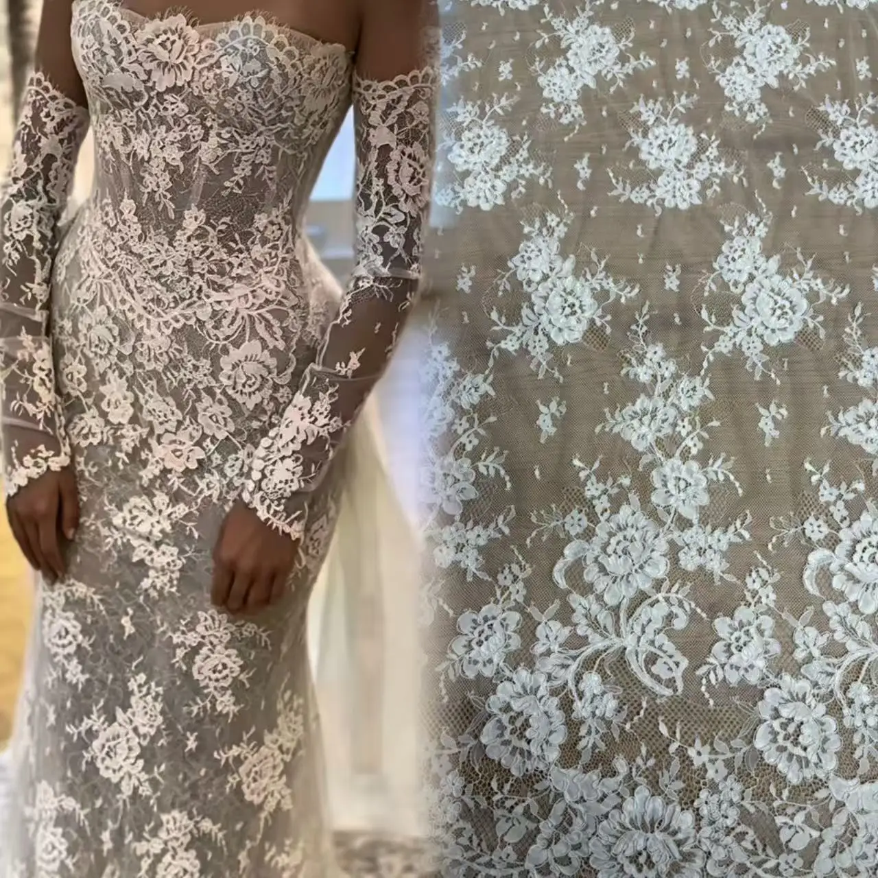 

Hot 3 Meters Long French Made Fine Flowers Couture Alencon Embroidery Lace Fabric at 150cm wide, Couture Wedding Gown Fabric