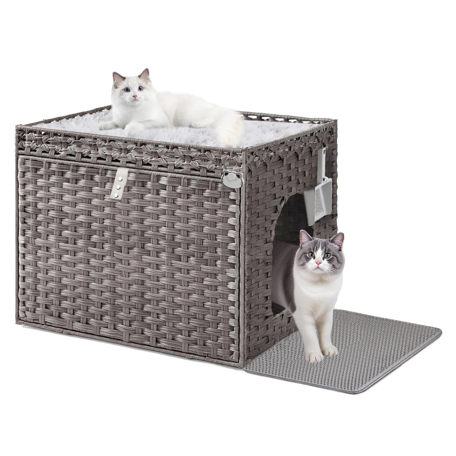 LEEJARD Katzenklo: Versteckte Katzentoilette aus handgeflochtenem Rattan in Möbeloptik mit Anti-Auslauf Katzenklo Matte Leichtere Reinigung, – natürliches Design für Schlafzimmer & Wohnzimmer
