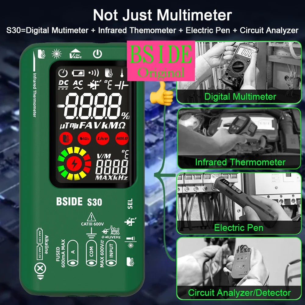 24Hrs Shipping! BSIDE S30 Digital Multimeter Infrared Thermometer AC DC Voltage Current Recharge Professional Electronic Tester