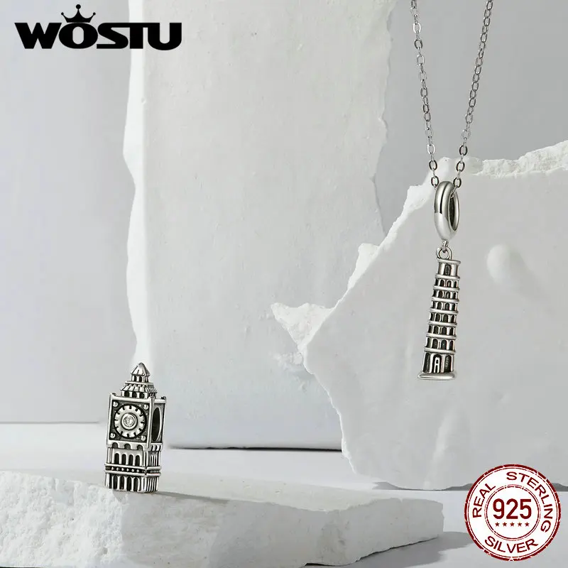 WOSTU 925 Sterling Silver World Famous Building Charms Big Ben ciondolo torre di Pisa Fit braccialetto originale creazione di gioielli fai da te